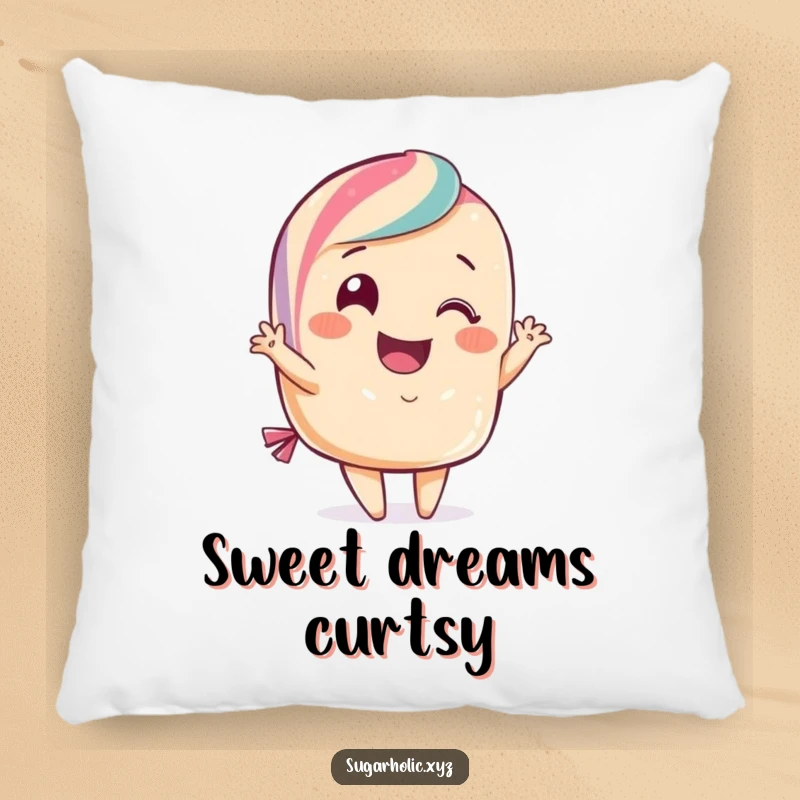 Funny candy pillow with a smiling candy character performing a flamboyant curtsy. Provides comfortable seating and a touch of sweet elegance.