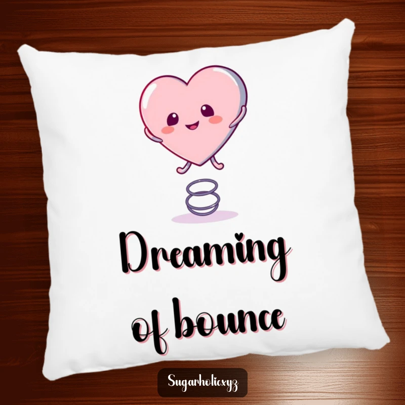 Funny Pillow featuring a candy heart character playfully bouncing on a spring, designed for cozy comfort and sweet, joyful relaxation.