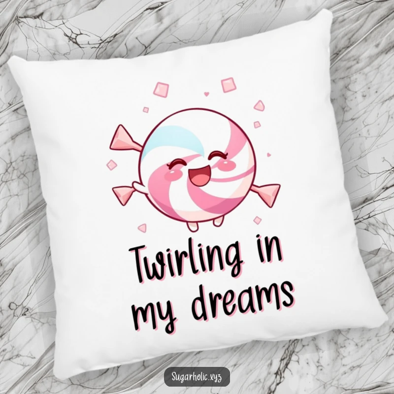 Funny pillow with a delighted candy twirling in sweet crystals, perfect for adding sweet charm.