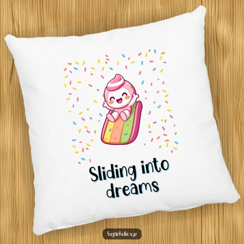 Funny Pillow: Candy character gleefully slides down a rainbow sprinkle slide, offering cozy comfort and adventurous vibes.
