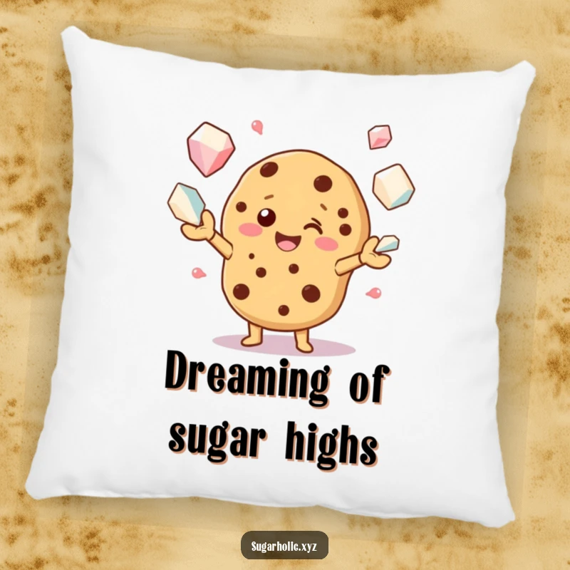 Funny pillow with a smiling cookie character juggling voluminous sugar crystals, offering comfort and a chuckle.