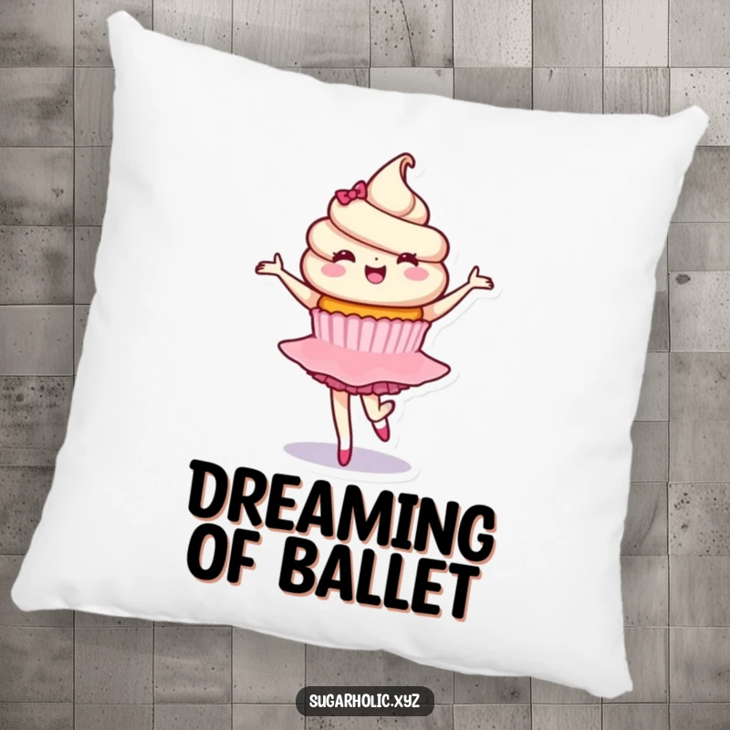 Funny pillow featuring a delighted cupcake character in a graceful ballet twirl, perfect for adding sweet comfort and a touch of elegant whimsy.