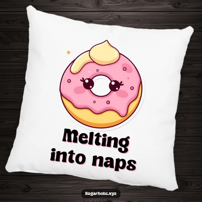 Funny Pillow featuring a beaming donut character with slightly melting frosting, designed for cozy comfort and sweet, humorous relaxation.