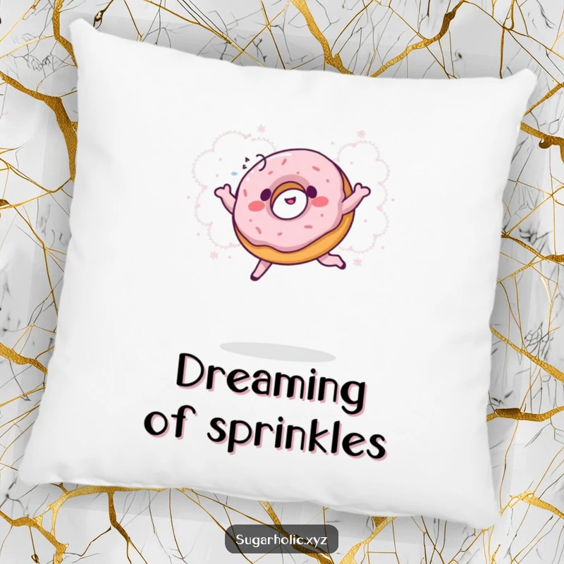 Funny donut pillow featuring a giggling donut leaping into a sweet cloud of powdered sugar, a soft and humorous decorative item.