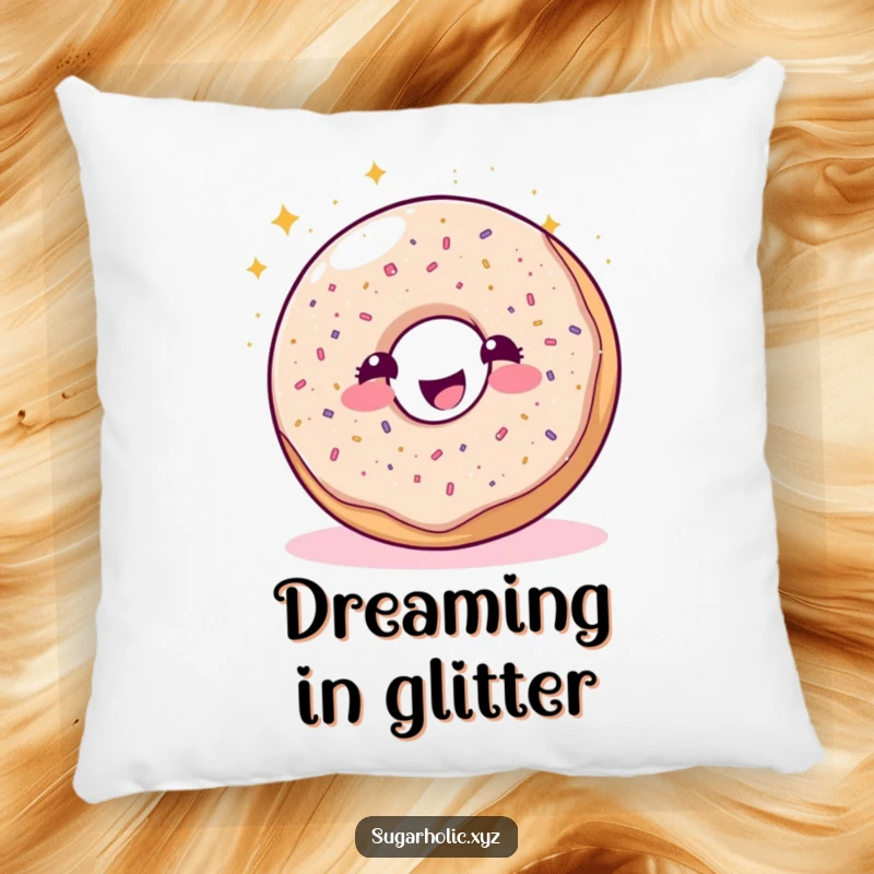 Funny sparkling donut character joyfully sprinkling glitter on a plush pillow, perfect for lounging and sweet decor.