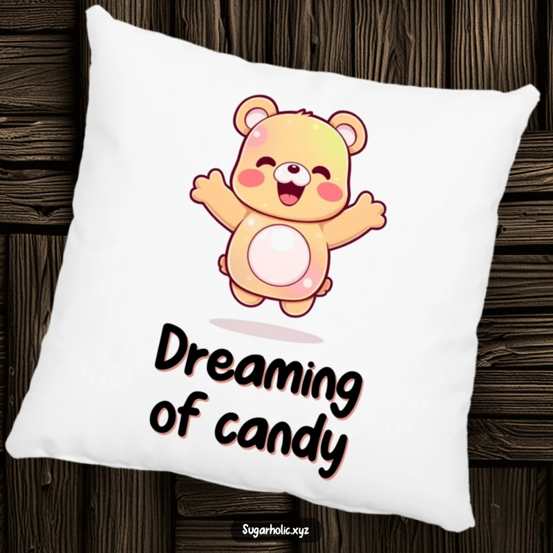 Funny gummy bear pillow featuring a delighted character mid-celebratory jump, soft comfort with a joyful twist.