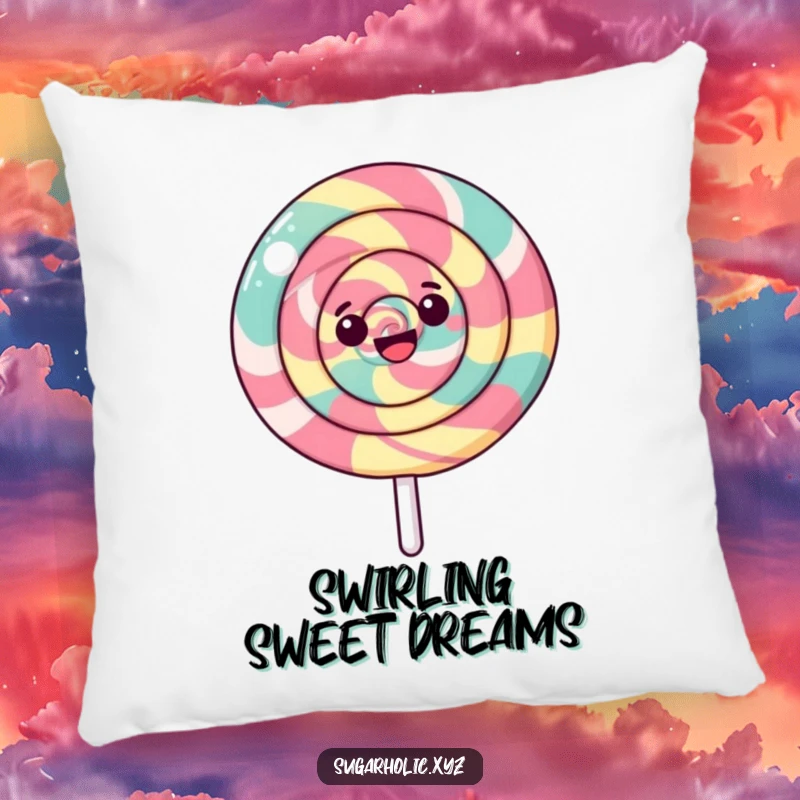 Funny pillow showcasing a happy, swirled lollipop spinning, perfect for adding sweet comfort and cheerful vibes to any room.