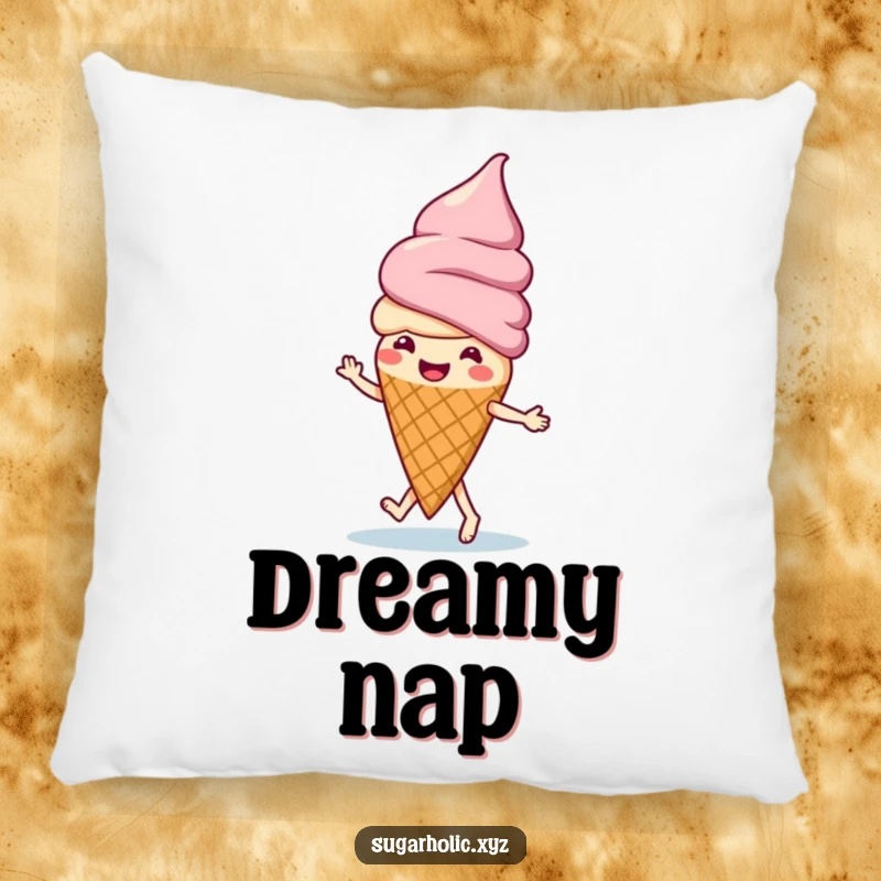 Funny ice cream cone doing a happy jig, depicted as a soft, decorative pillow for a humorous and sweet touch.