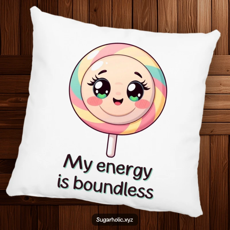 Funny pillow displaying a round lollipop character, wide-eyed and radiating pure sugary energy.