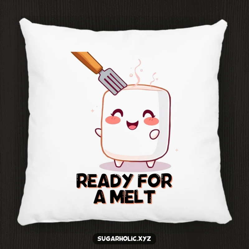 Funny pillow depicting a cheerful, blushing marshmallow being toasted, offering comfort and a touch of sweetness.
