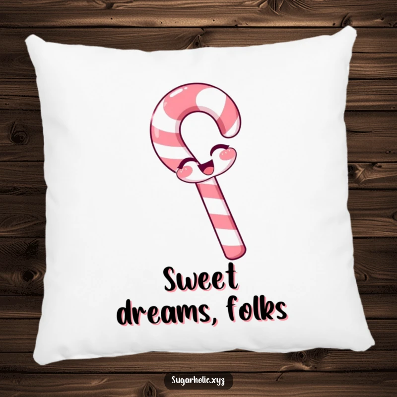 Funny candy cane pillow with a slight bend, winking playfully, soft and decorative, festive cheer, funny gift.