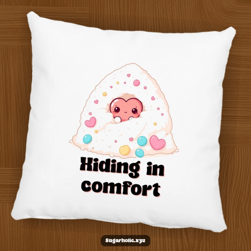 Funny pillow featuring a shy candy heart character peeking out from behind a large sugar pile, offering comfort and sweetness.