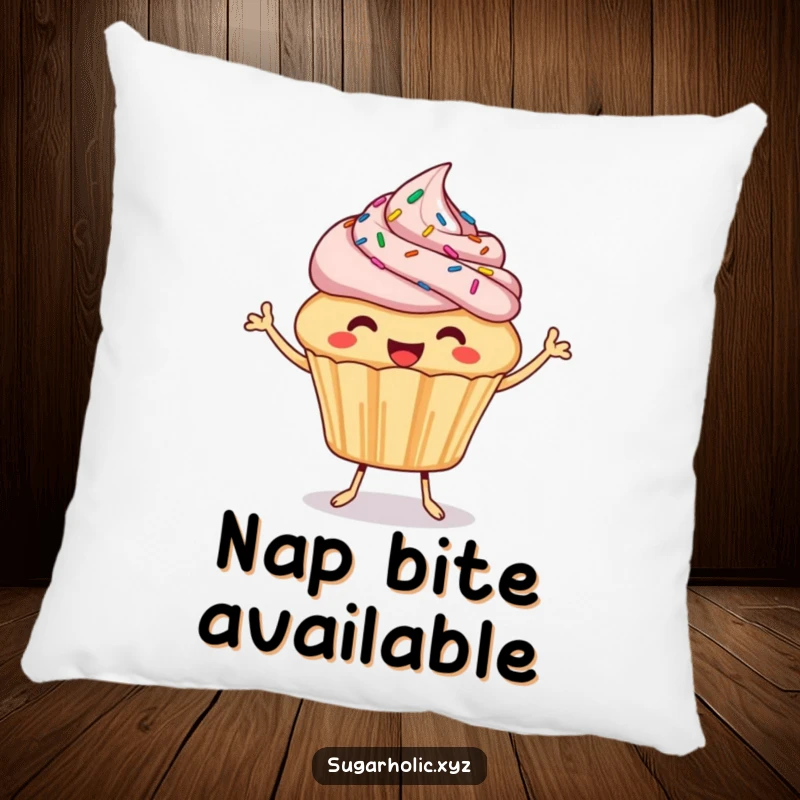 Funny Cupcake Pillow: A happy, sprinkled cupcake bounces and offers a bite, offering comfort and humor as a decorative pillow.