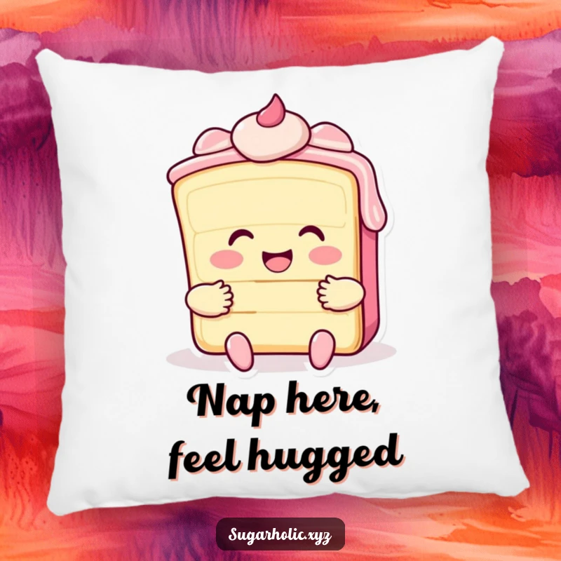 Funny pillow featuring a smiling cake slice with frosting, offering a big hug for ultimate sweet comfort.