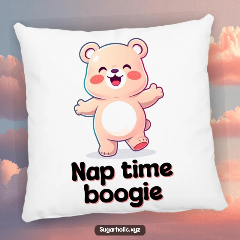 Funny Pillow featuring a gummy bear character doing a happy dance, designed for cozy comfort and sweet, joyful dreams.