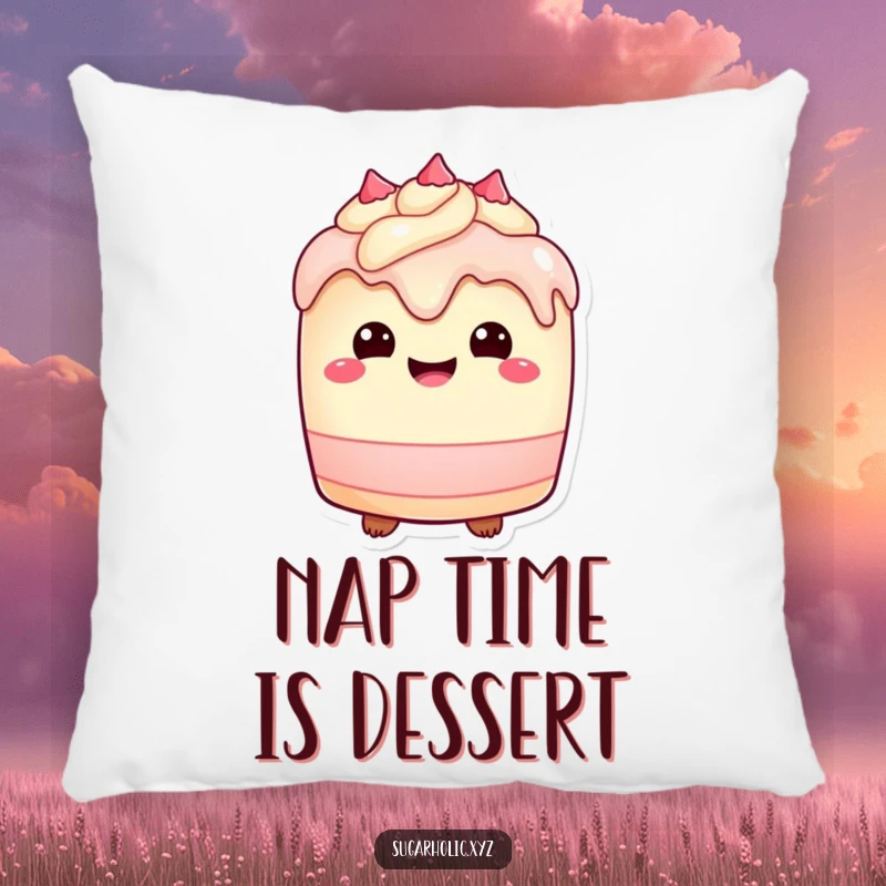 Funny Pillow: Soft cake character with a delighted expression and dripping frosting, comfort and decor.