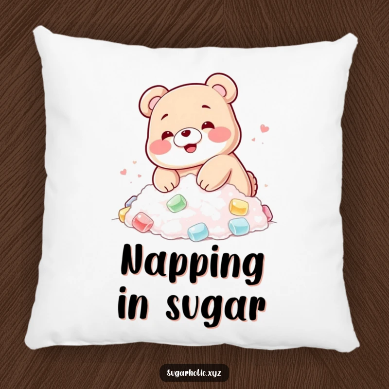 Funny pillow with a blushing gummy bear happily diving into a pile of sugar, cozy and sweet.