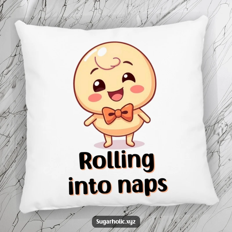 Funny caramel candy with a bow tie, rolling with uncontrollable glee, making this a soft and humorous throw pillow.