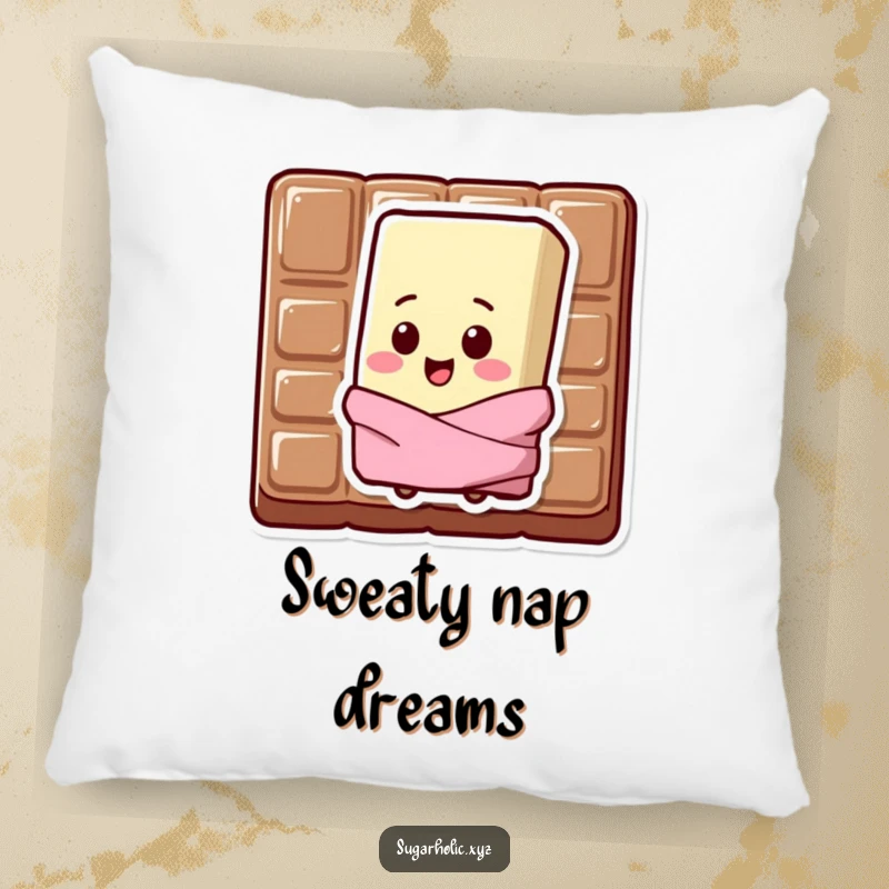 Funny Pillow featuring a sweating chocolate bar character with a happy chip on its shoulder.