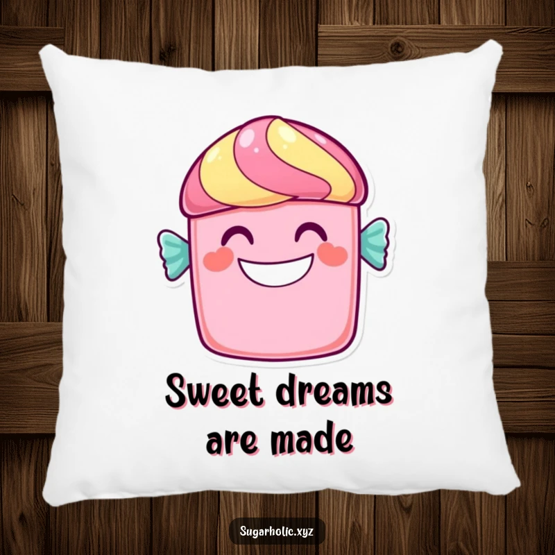 Funny candy bar pillow featuring a cheerful character with a wide, sweet grin, soft comfort with a sweet twist.