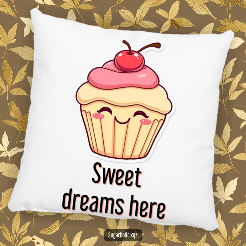 Funny bouncing cupcake pillow featuring a smiling cupcake with a cherry on top, captured in a delightful bounce for ultimate comfort and humor.