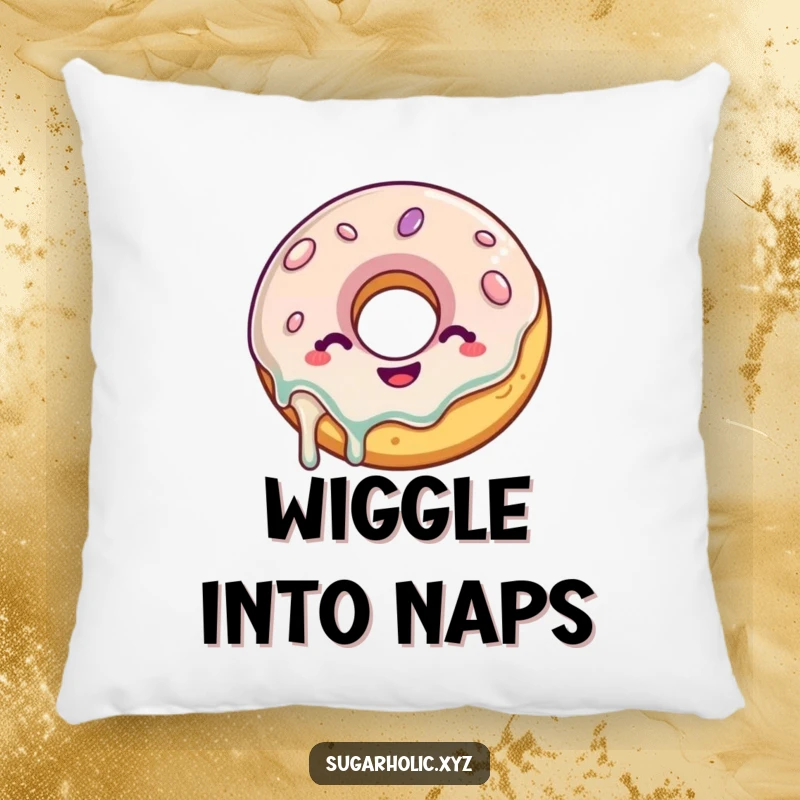 Funny Donut Pillow: A delighted donut with a glaze drip wiggles with glee, offering comfort and humor as a decorative pillow.