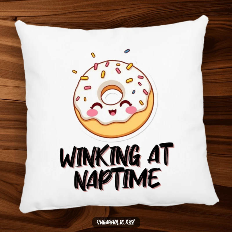Funny pillow with a surprised donut character winking playfully, showered in colorful sprinkles, for ultimate comfort and humor.