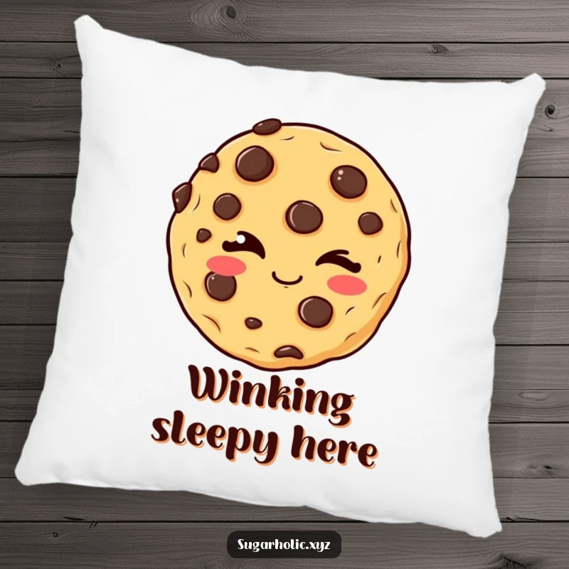 Funny winking cookie pillow featuring a delighted chocolate chip cookie giving a mischievous wink, perfect for comfort and a hug of playful secrecy.