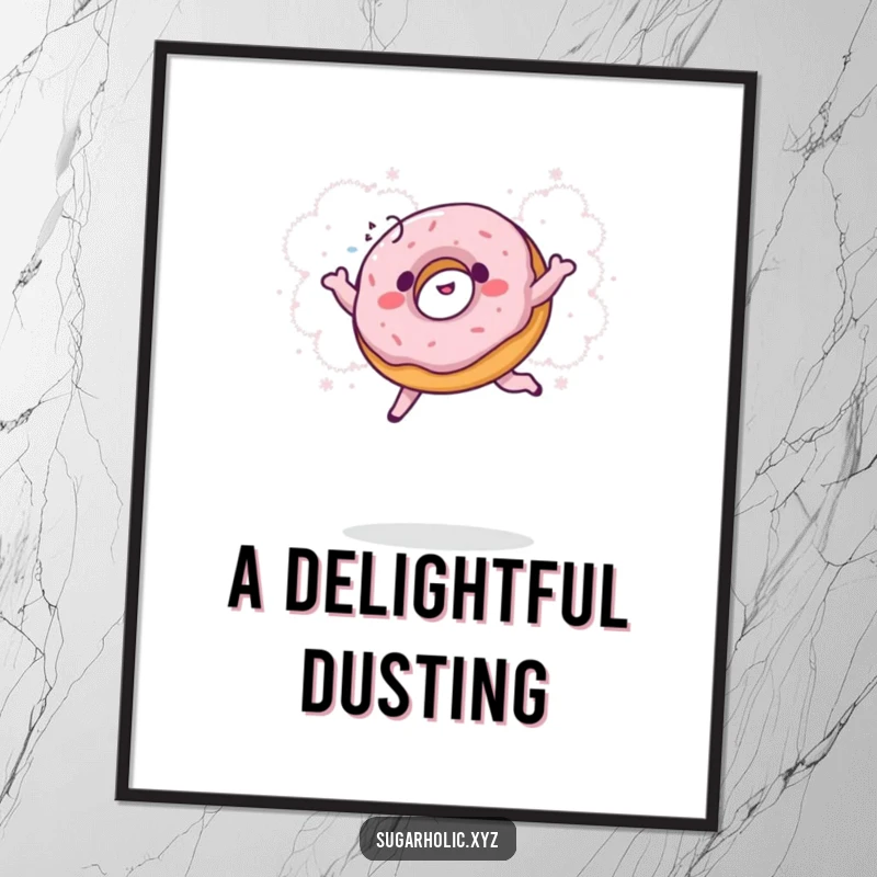 Funny donut digital art print of a giggling donut joyfully leaping into a cloud of powdered sugar, bringing instant humor and sweetness.