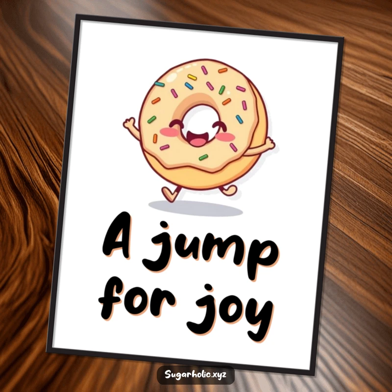 Funny donut digital art print with a smiling face and sprinkles mid-hop, a cheerful and sweet piece of art.