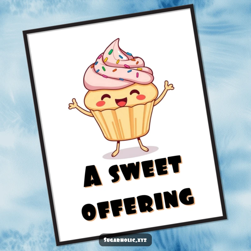 Funny Cupcake Digital Art: A happy cupcake illustration with sprinkles bounces and offers a bite, perfect for sweet printable wall art.