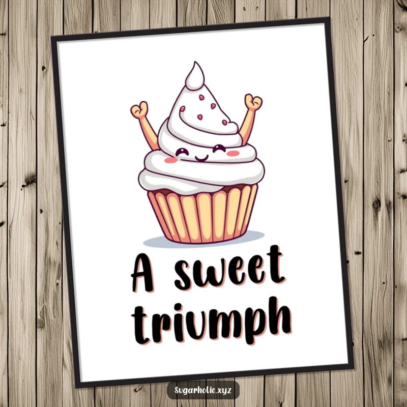 Funny digital art print of a triumphant cupcake offering a sugary mountain, symbolizing sweet success indoors.