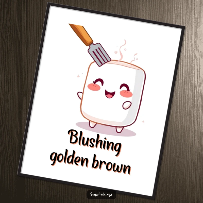 Funny digital art print of a cheerful, blushing marshmallow being toasted, bringing warmth and happiness instantly.