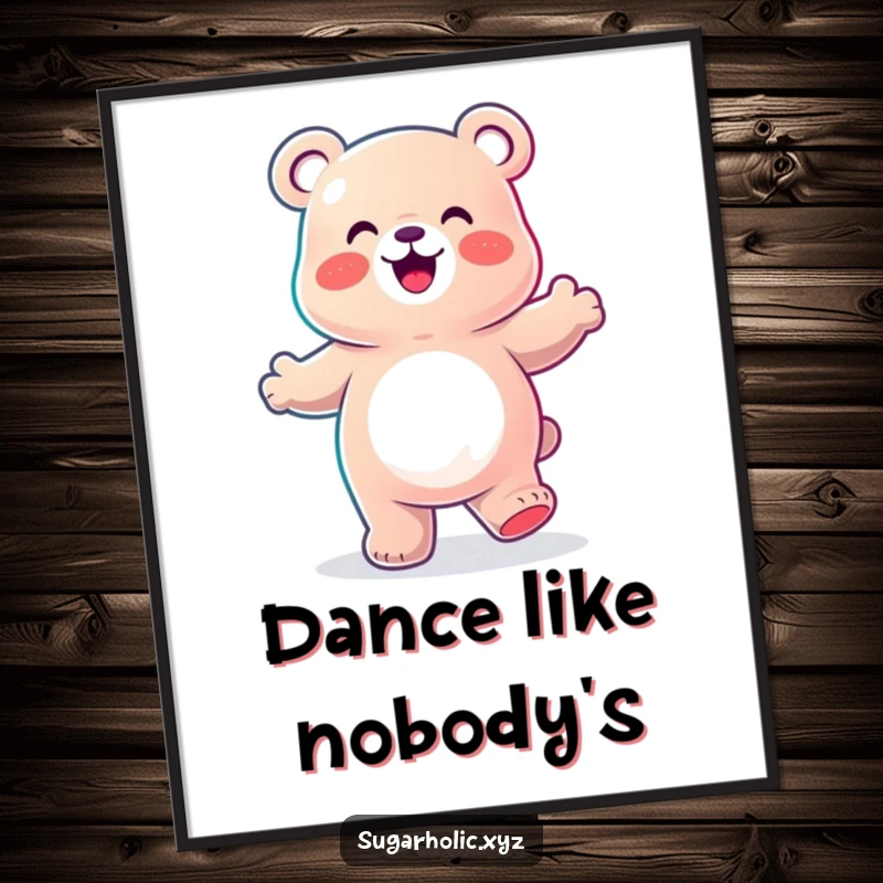 Funny Digital Art Print of a gummy bear character joyfully performing a happy dance, radiating pure fun and infectious energy.