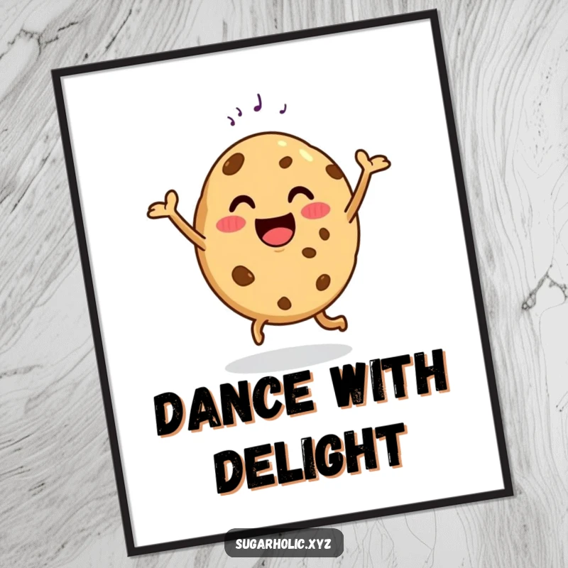 Funny digital art print of a happy cookie doing a delighted dance with a sugar sprinkle, instant sweet decor.