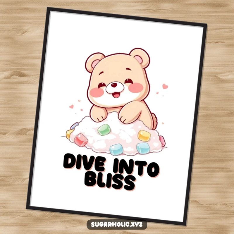 Funny digital art print of a blushing gummy bear happily diving into a pile of sugar, instant sweet decor.