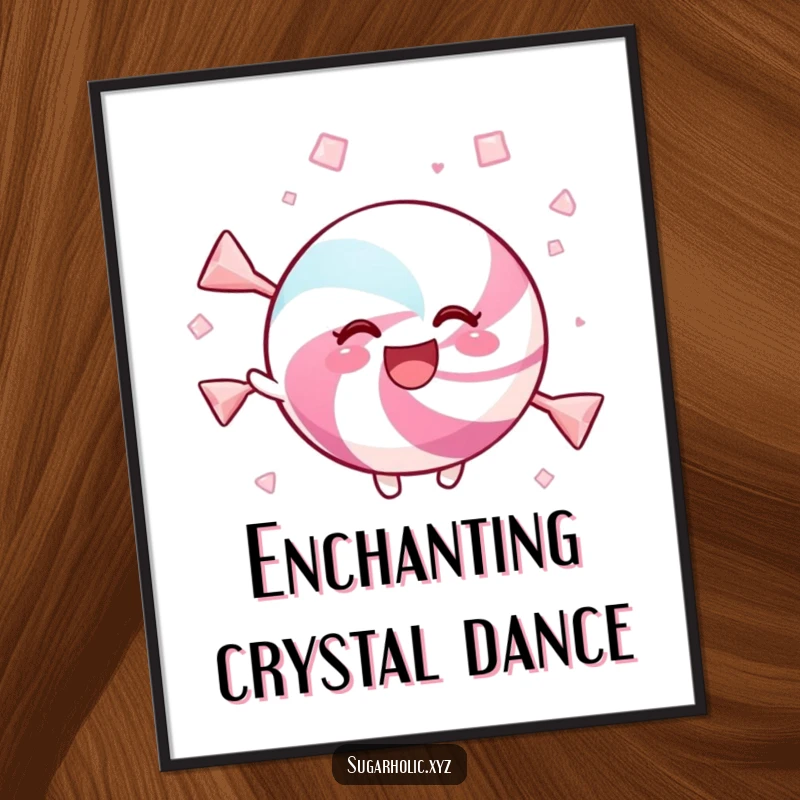 Funny digital art print of a delighted candy twirling joyfully in sweet crystals, adding happiness indoors.