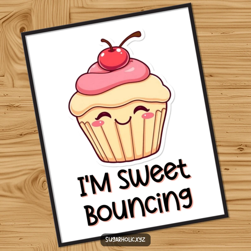 Funny bouncing cupcake digital art print of a smiling cupcake with a cherry on top, joyfully bouncing with delight, instant sweet decor.
