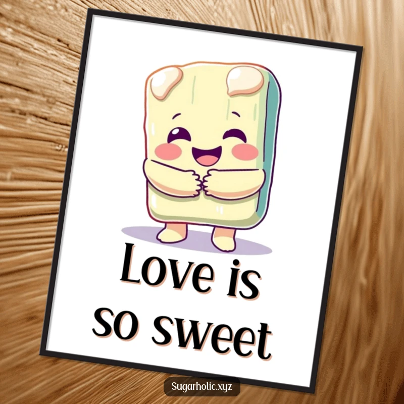 Funny digital art print of a happy, melting candy bar character giving a big hug, spreading sweetness and joy.