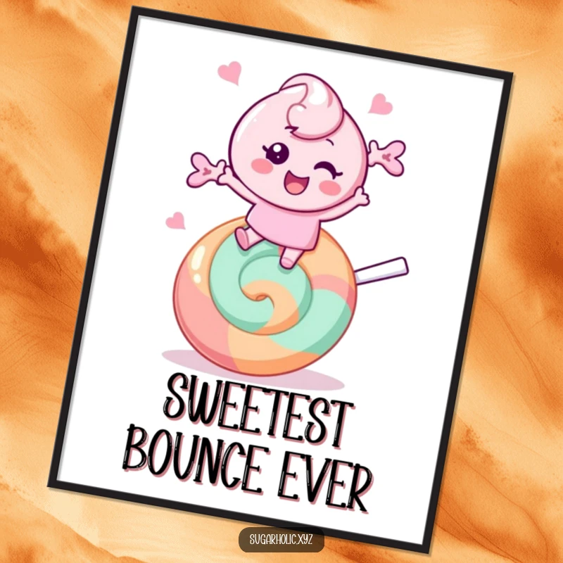 Funny Digital Art: Cheerful candy character bounces energetically on a giant lollipop, radiating pure joy and sweetness.