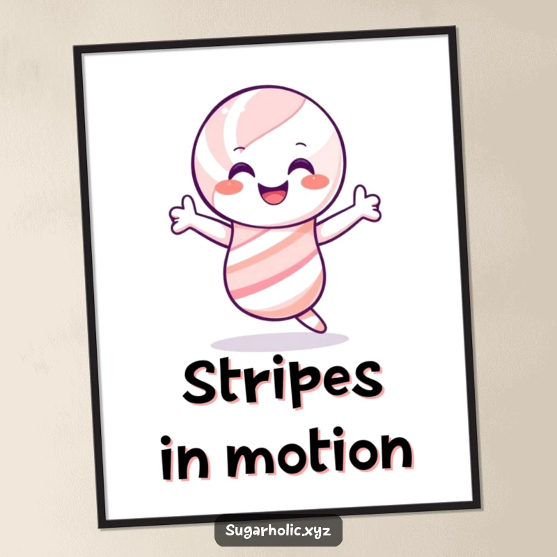 Funny candy cane digital art print, smiling and shimmying joyfully, perfect for humorous holiday decor and gifts.