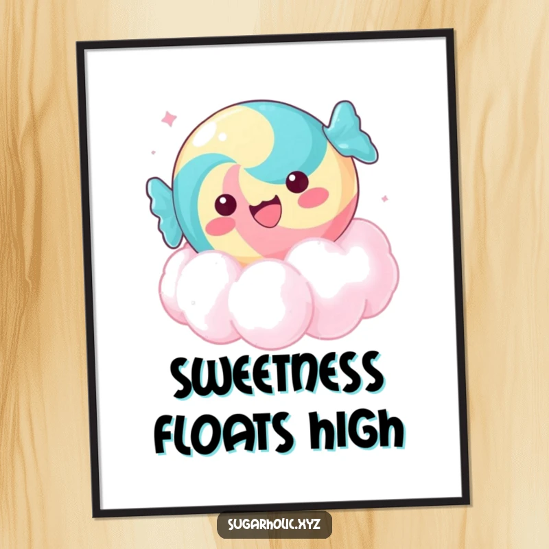 Funny delighted candy digital art print, floating on a sugar cloud, perfect for humorous digital displays and gifts.