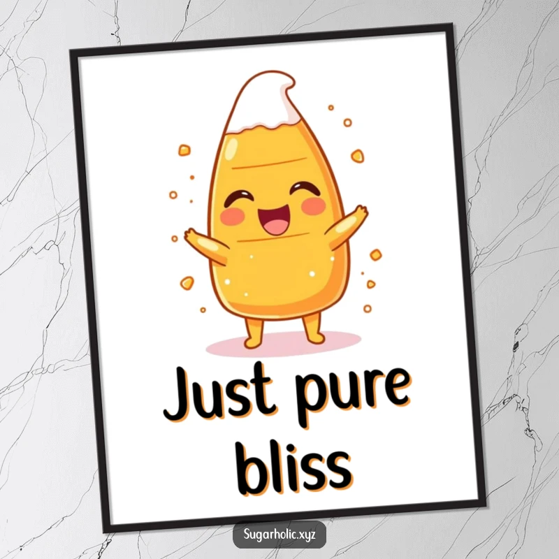 Funny candy corn character in a hilarious laughing fit, covered in sugar, as a downloadable and humorous digital art print.