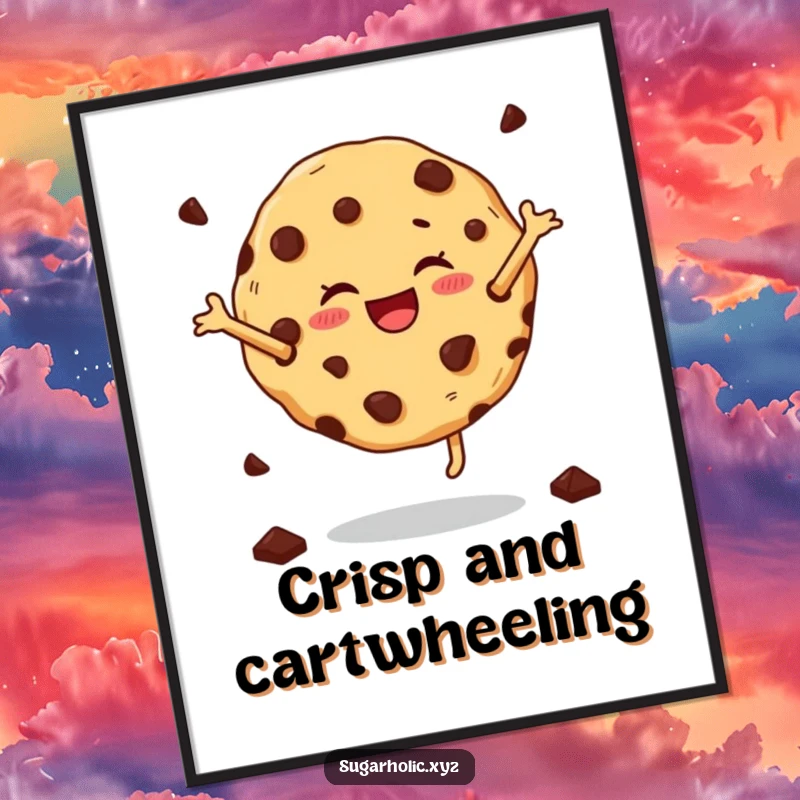 Funny cartwheeling cookie digital art print of a joyful cookie with chocolate chips performing a cartwheel, full of sweet humor.