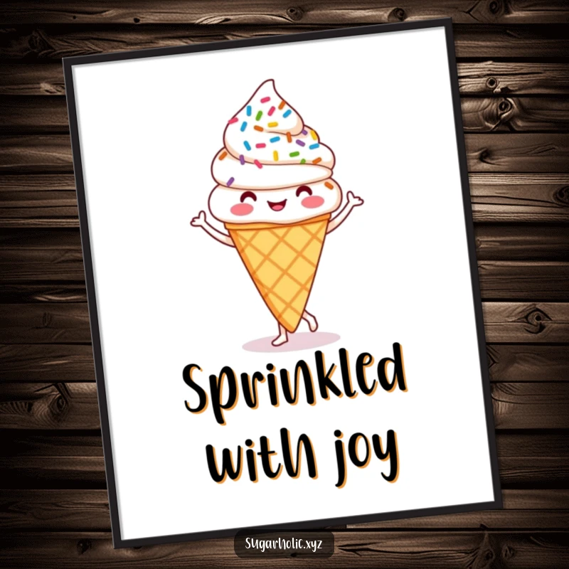 Funny ice cream cone digital art print of a happy cone with sprinkles doing a jig, delivering instant humor and cheer.