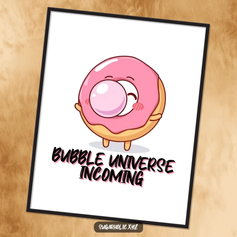 High-resolution funny donut character blowing a massive bubble gum bubble, perfect for instant digital wall art.