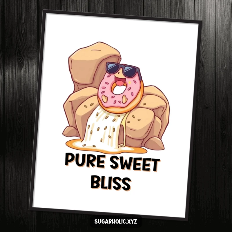 Funny donut wearing sunglasses sliding down a caramel waterfall as digital art, capturing pure happiness for instant decor.