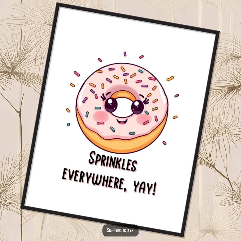 Funny Digital Art: Smiling donut character with a joyful explosion of colorful sprinkles, radiating pure happiness and sweetness.