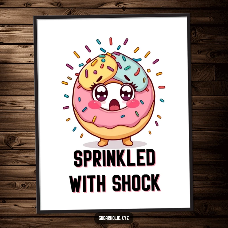 Funny Digital Art Print of a surprised donut character with wide eyes amidst a colorful explosion of sprinkles, ready to delight.