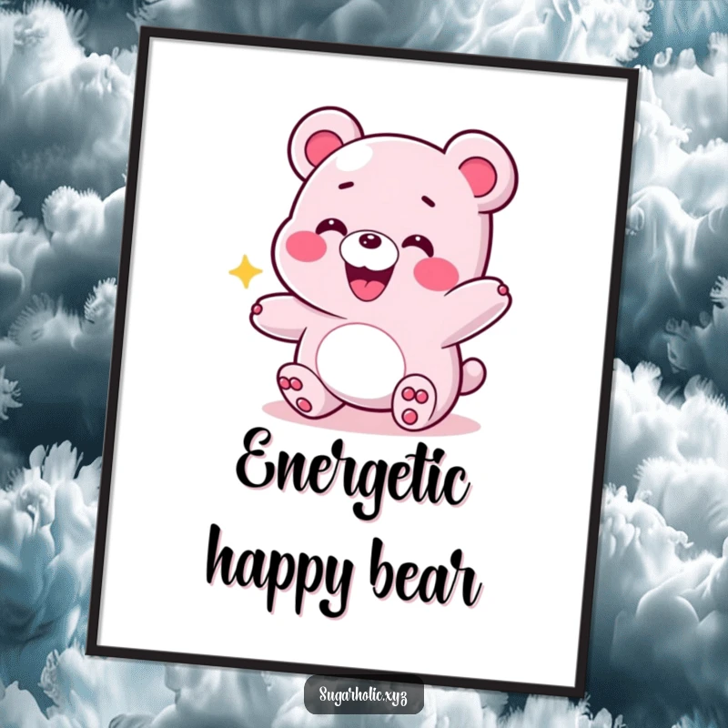 Funny digital art print of a grinning gummy bear in an energetic bounce, capturing a sense of pure happiness and lively spirit.